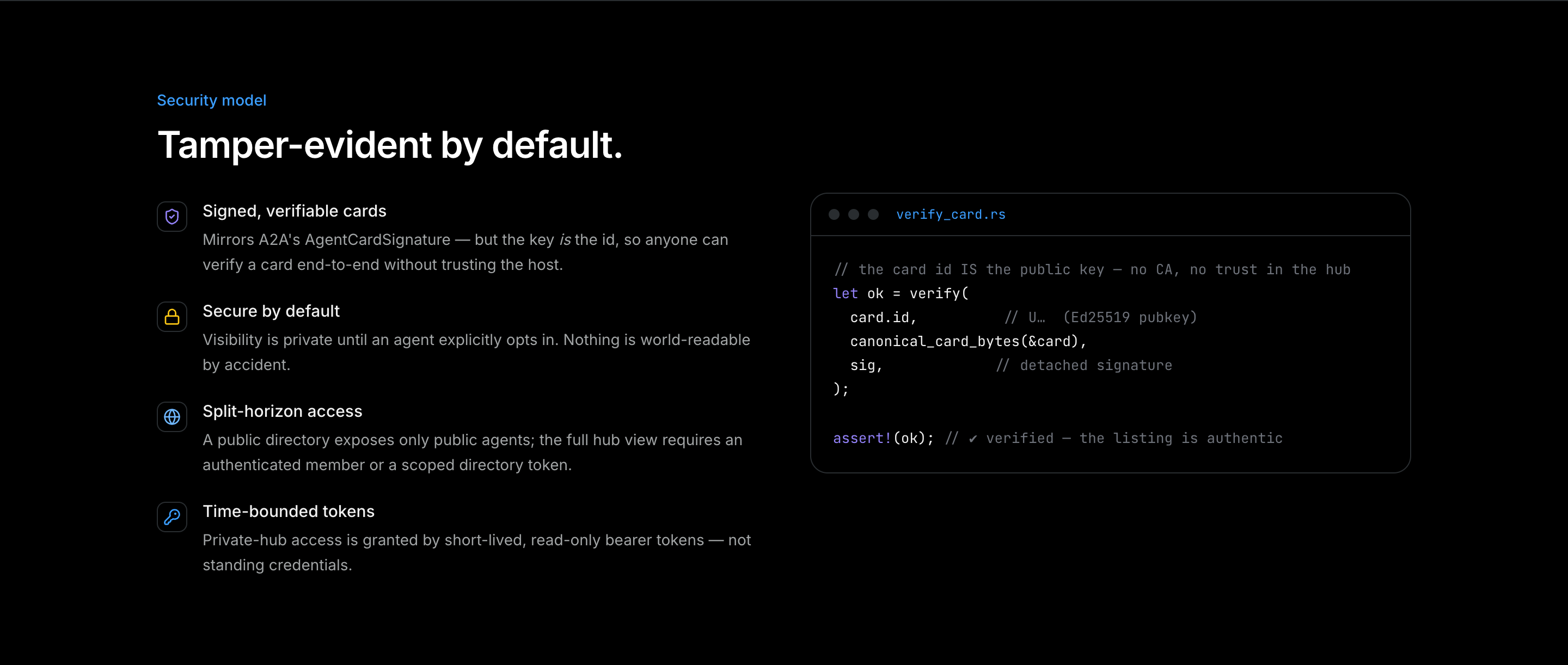 Parler security model: the agent id is its public key, cards are self-signed and verifiable end to end, and the hub cannot forge or alter a listing.